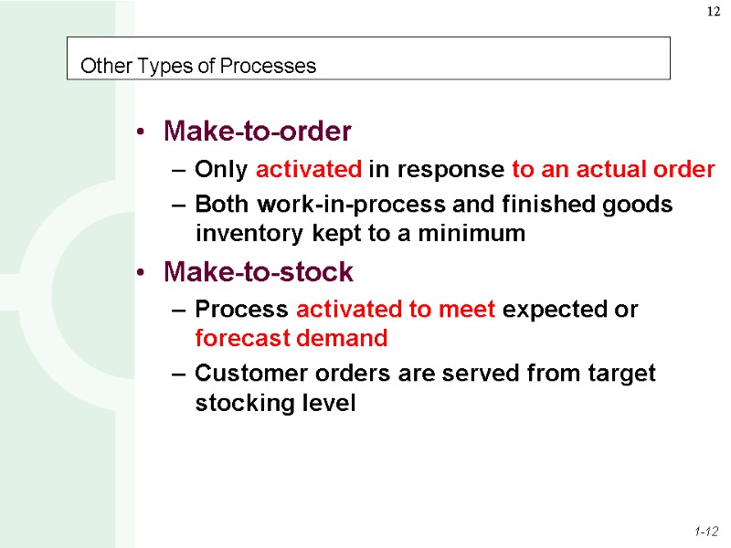 Other Types of Processes Make-to-order Only activated in response to an actual order Both